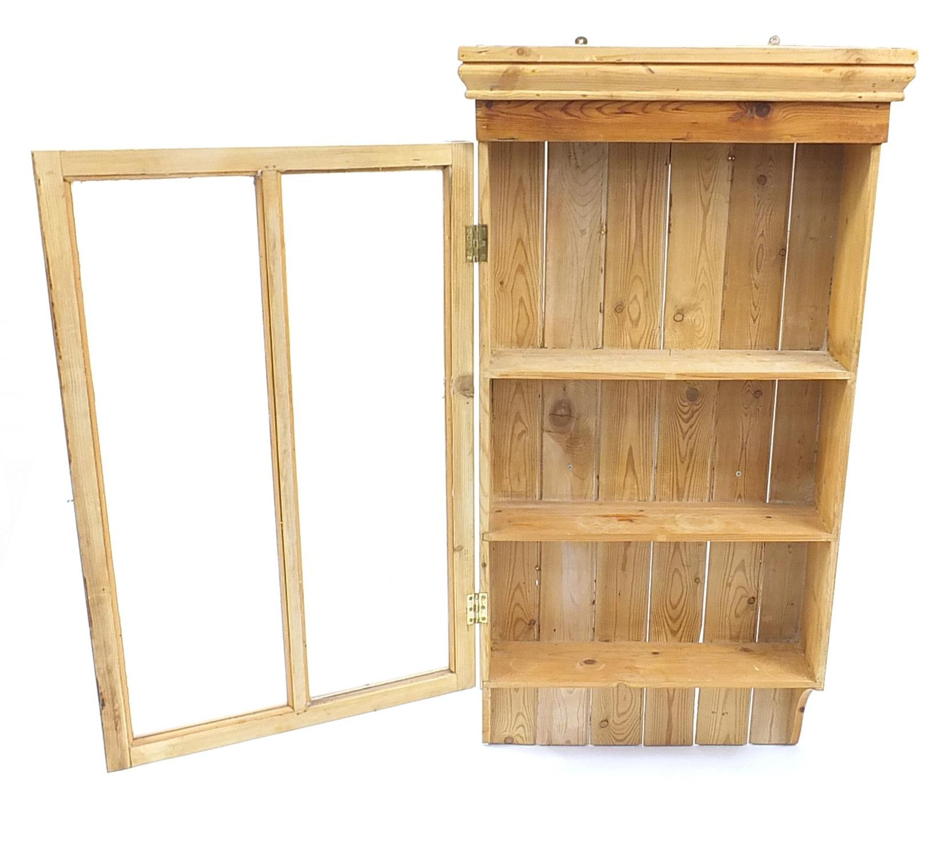 Pine wall hanging display case with two shelves, 116cm H x 59cm W x 18cm D - Image 2 of 3