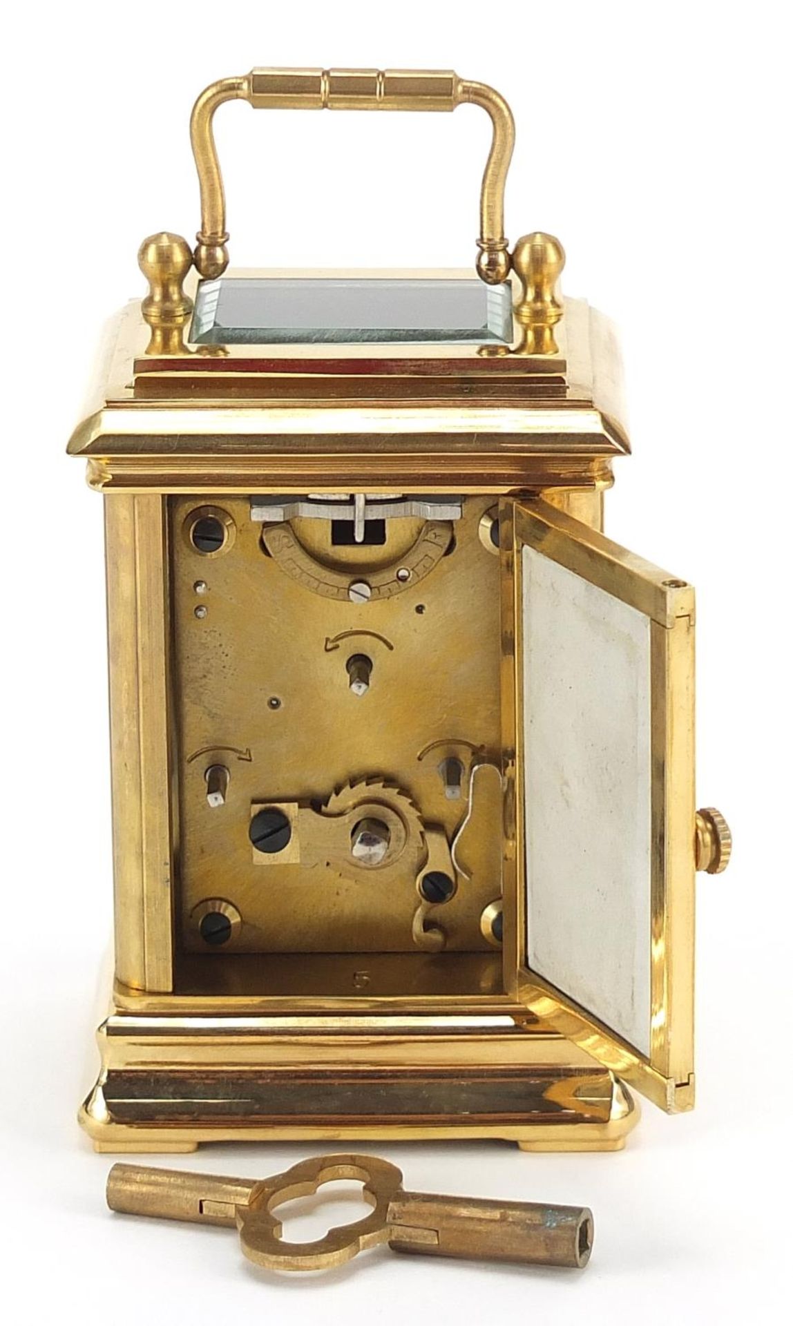 Miniature brass cased carriage clock with Sevres style panels and swing handle, 8cm high - Image 3 of 4