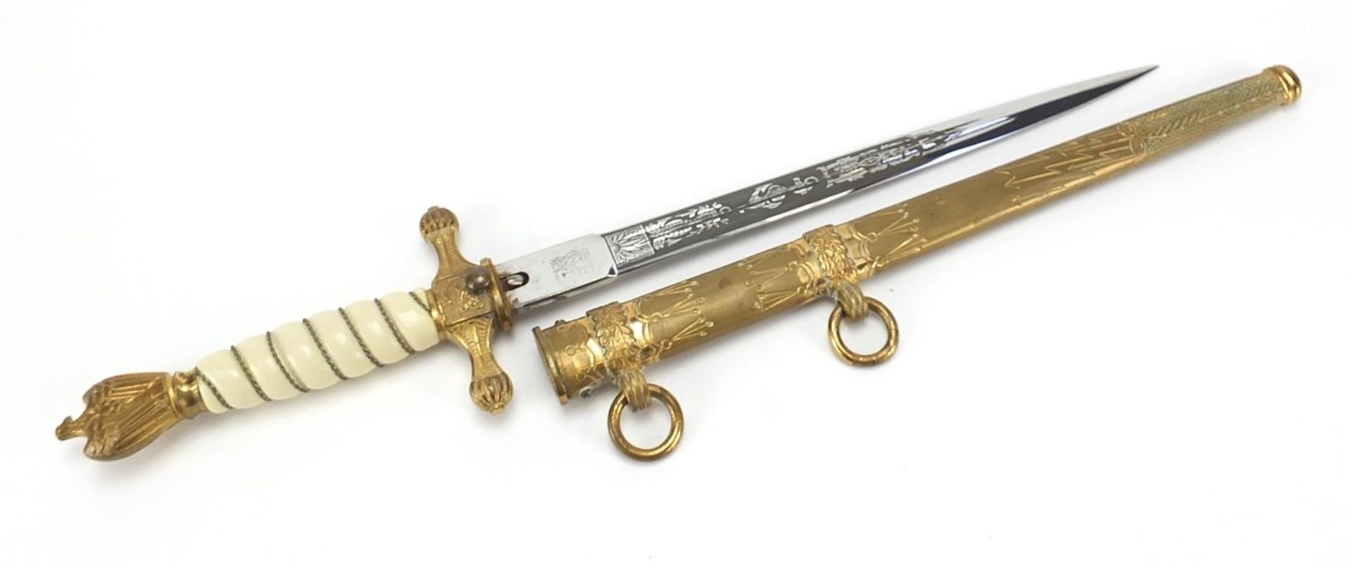 German military World War II Naval dirk with scabbard and engraved steel blade by Carl Eichkhorn - Image 2 of 3