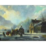 Winter landscape with figures before houses, Dutch school oil on board, mounted and framed, 48cm x