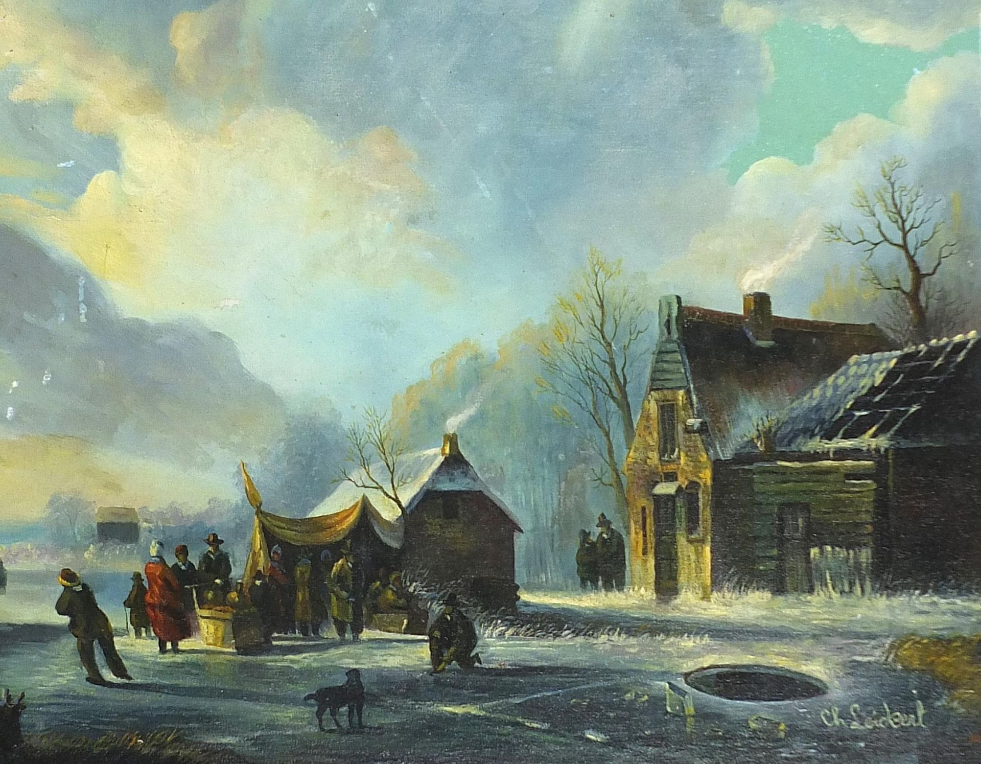 Winter landscape with figures before houses, Dutch school oil on board, mounted and framed, 48cm x