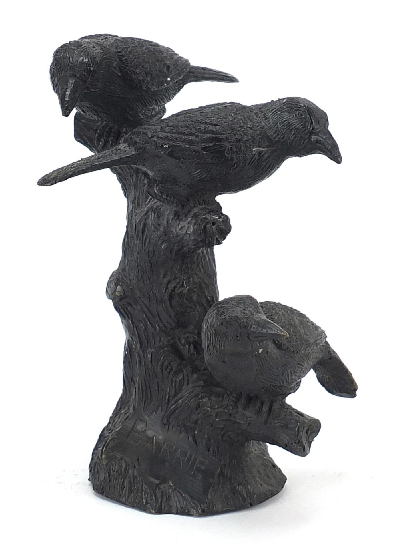 Patinated bronze group of three birds, signed Barrie, 19.5cm high