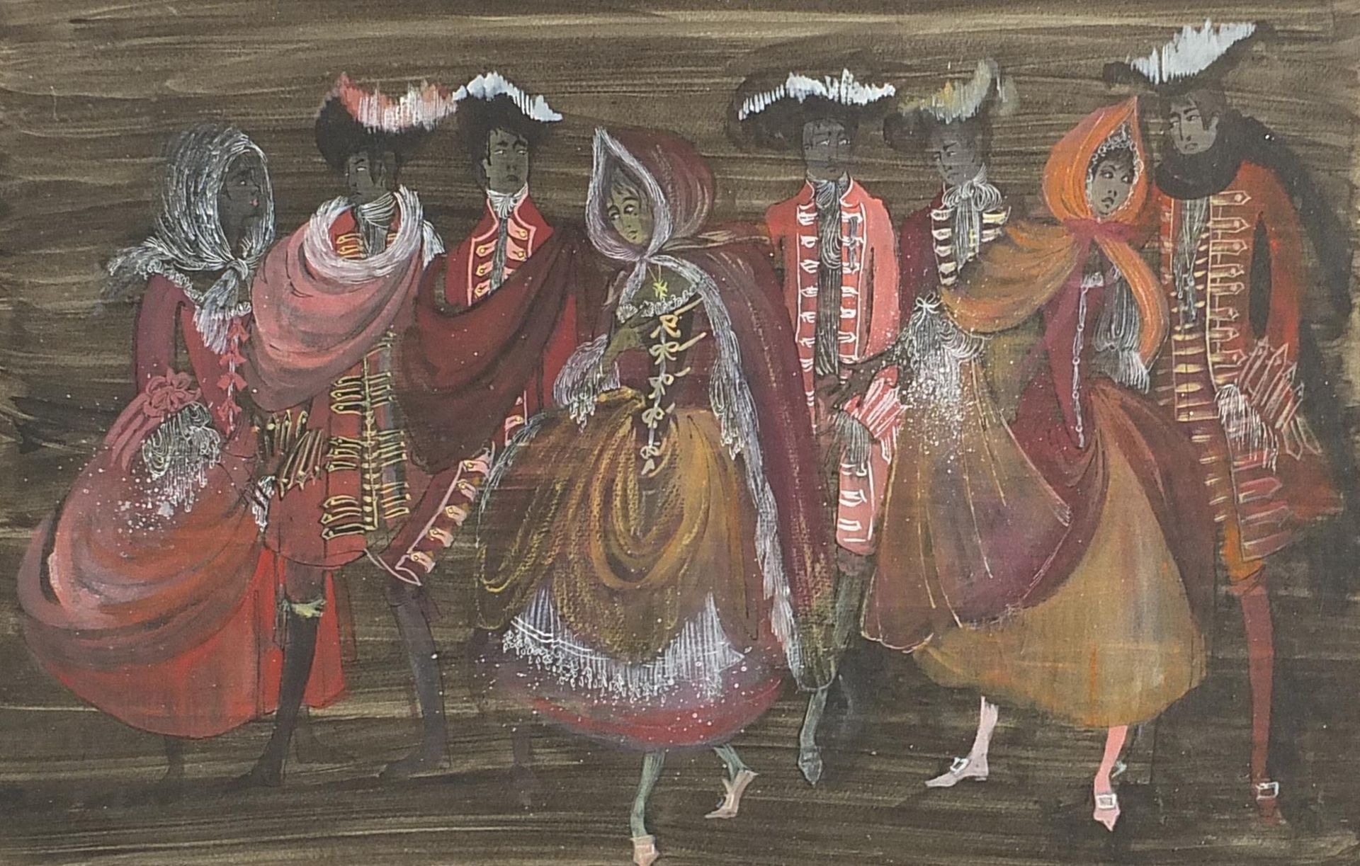 Cynthia Jaigey? - Figures in costume, pair of mixed medias, mounted, framed and glazed, each 54cm - Image 6 of 8