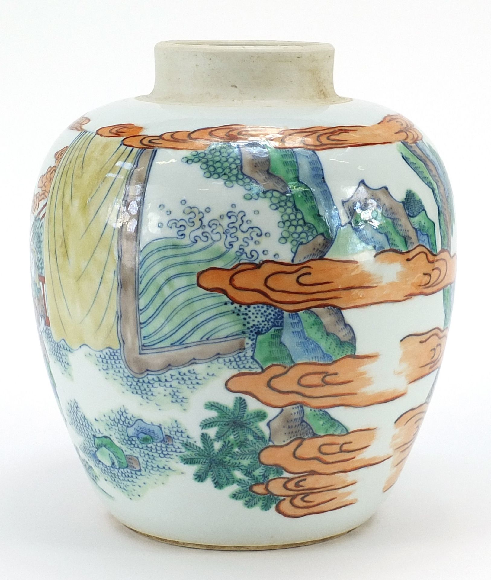Chinese porcelain jar hand painted in the wucai palette with figures and attendants in a - Image 2 of 3