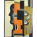 Manner of Fernand Leger - Surreal composition with figure and flowers, French school oil on board,