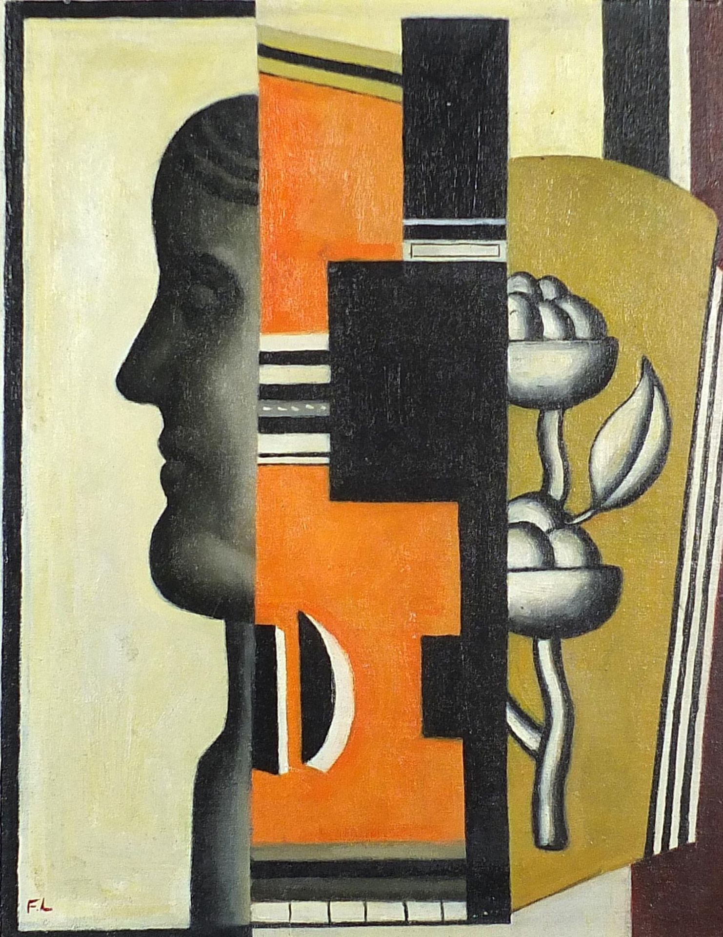 Manner of Fernand Leger - Surreal composition with figure and flowers, French school oil on board,