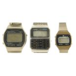 Three vintage digital wristwatches comprising Casio alarm chronograph and Commodore