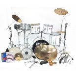 Collection of Premier drums, cymbals and stands, mostly with protective cases