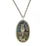 Anthony Hawksley, silver and enamel three dimensional cat pendant on silver necklace, 4.5cm high and