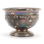 Silver pedestal bowl embossed with swags and flowers, indistinct marks, 7cm high x 11.5cm in