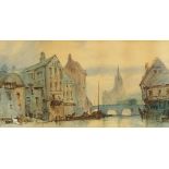 M Blackhirst 1890 - Bridge over water beside buildings, late 19th century signed watercolour,