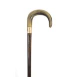 Rosewood walking stick with horn handle and 9ct gold collar impressed Kendall, 86cm in length