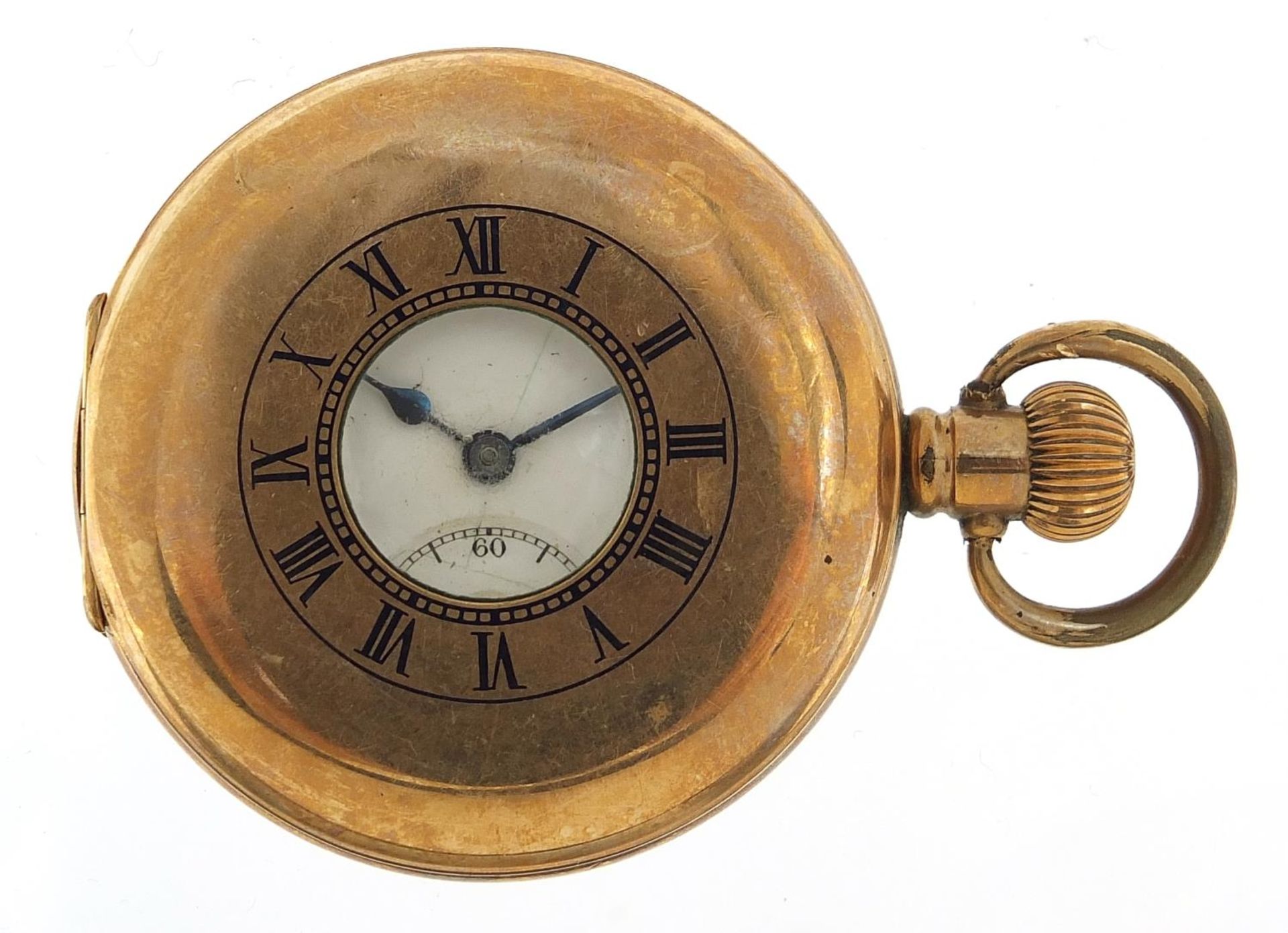 Gentlemen's gold plated half hunter pocket watch with enamel dial, 5.1cm in diameter, 100.7g
