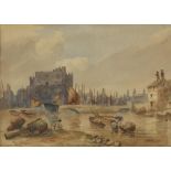 Manner of Samuel Prout - Continental river landscape with fishing boats, 19th century watercolour,