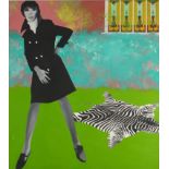 Neville King - Surreal composition, female and zebra skin, oil on canvas, partial gallery label