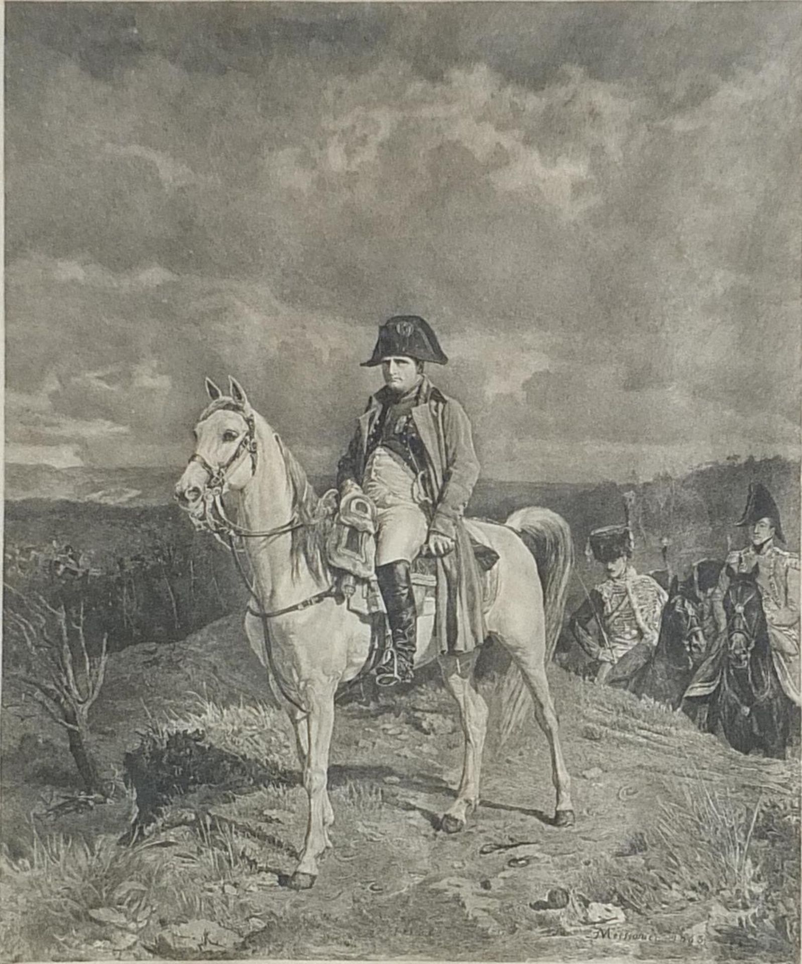 Napoleon on horseback and battle scene, two prints, one pencil signed, each mounted, framed and - Image 2 of 8