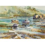 Ray Balkwill - Moored fishing boats, Cornish watercolour, details verso, mounted, framed and glazed,