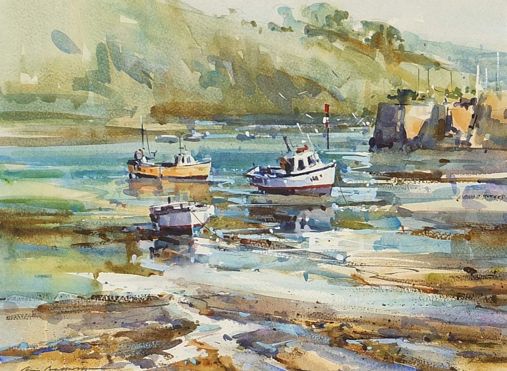 Ray Balkwill - Moored fishing boats, Cornish watercolour, details verso, mounted, framed and glazed,