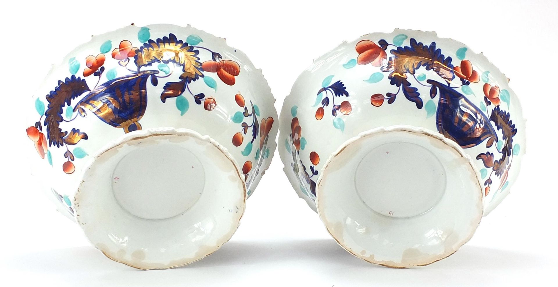 Pair of Victorian ironstone centre bowls decorated with flowers and foliage, each 29cm in diameter - Image 4 of 4