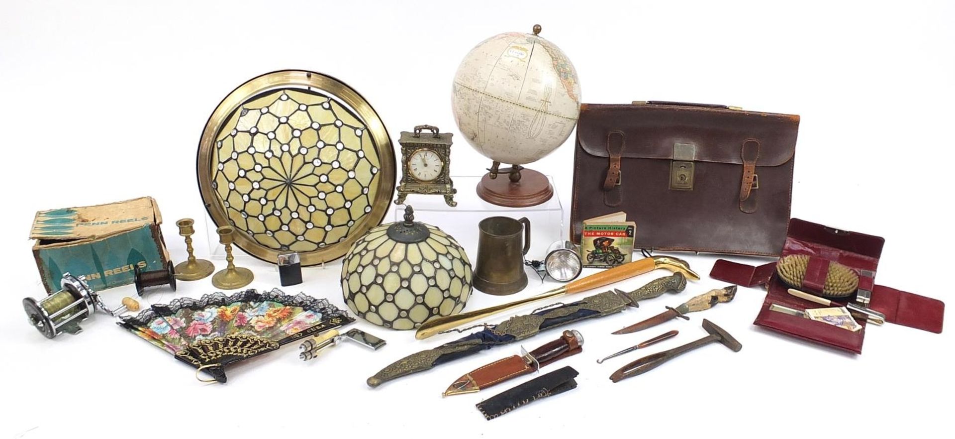 Sundry items including George F Cram Classic Globe, Tiffany design lampshades, hunting knives and