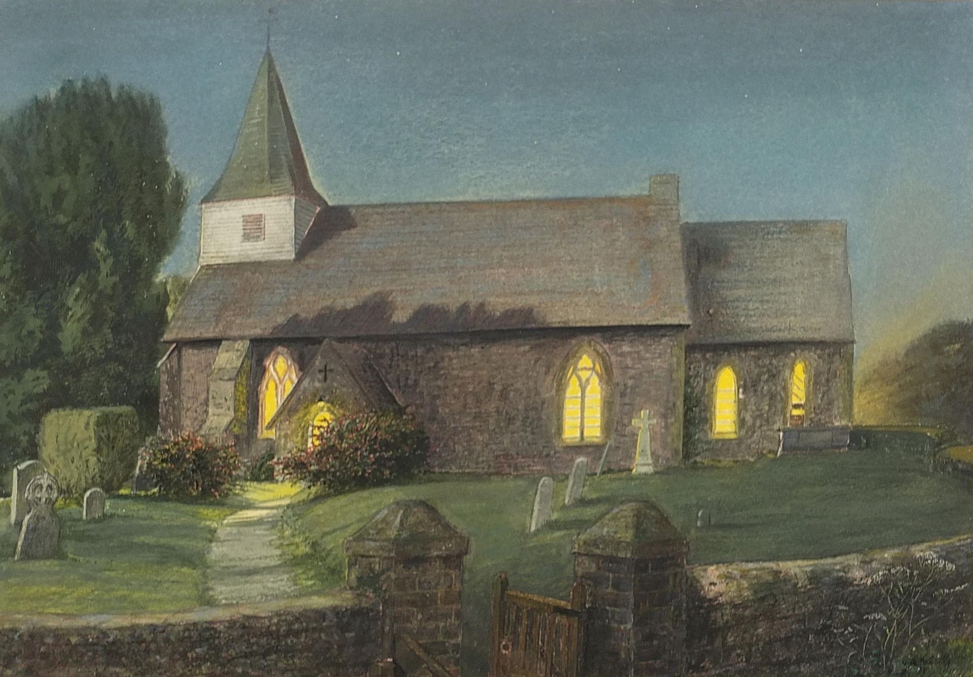 Susan Jackman - Litlington Church by Moonlight, watercolour and pastel, E Stacy Marks Gallery