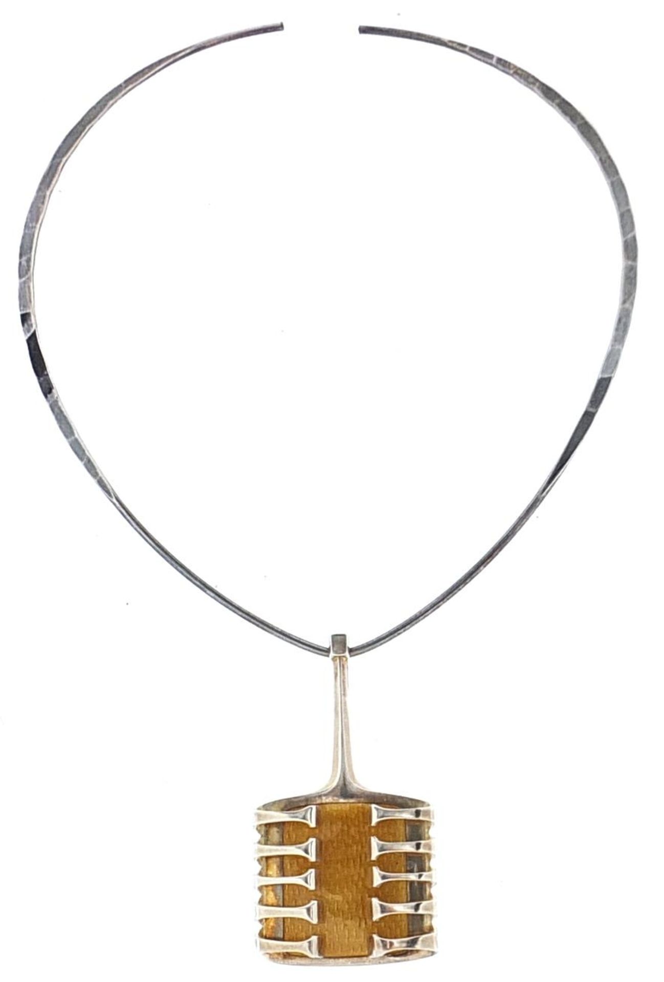 David Andersen, Danish 925S sterling silver Bjorn's silver 'harp' silver and enamel pendant with - Bild 2 aus 6