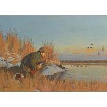 Brian M Wiggers - Huntsman and Gundog by a riverside, signed gouache, mounted, framed and glazed,