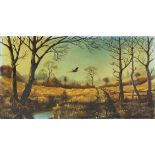 Charles Comber - Rural landscape with pheasants, oil on canvas, unframed, 76cm x 41cm excluding