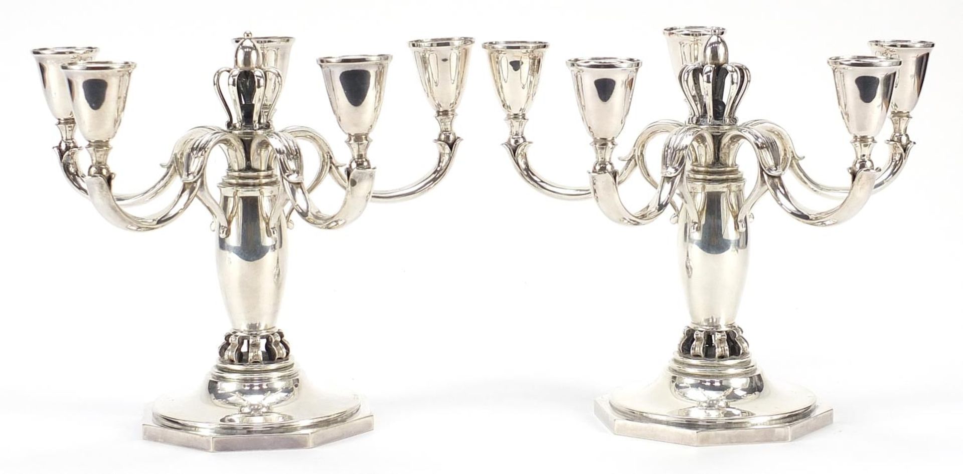 C C Hermann, pair of Danish 925S sterling silver five branch candelabras retailed by Long's