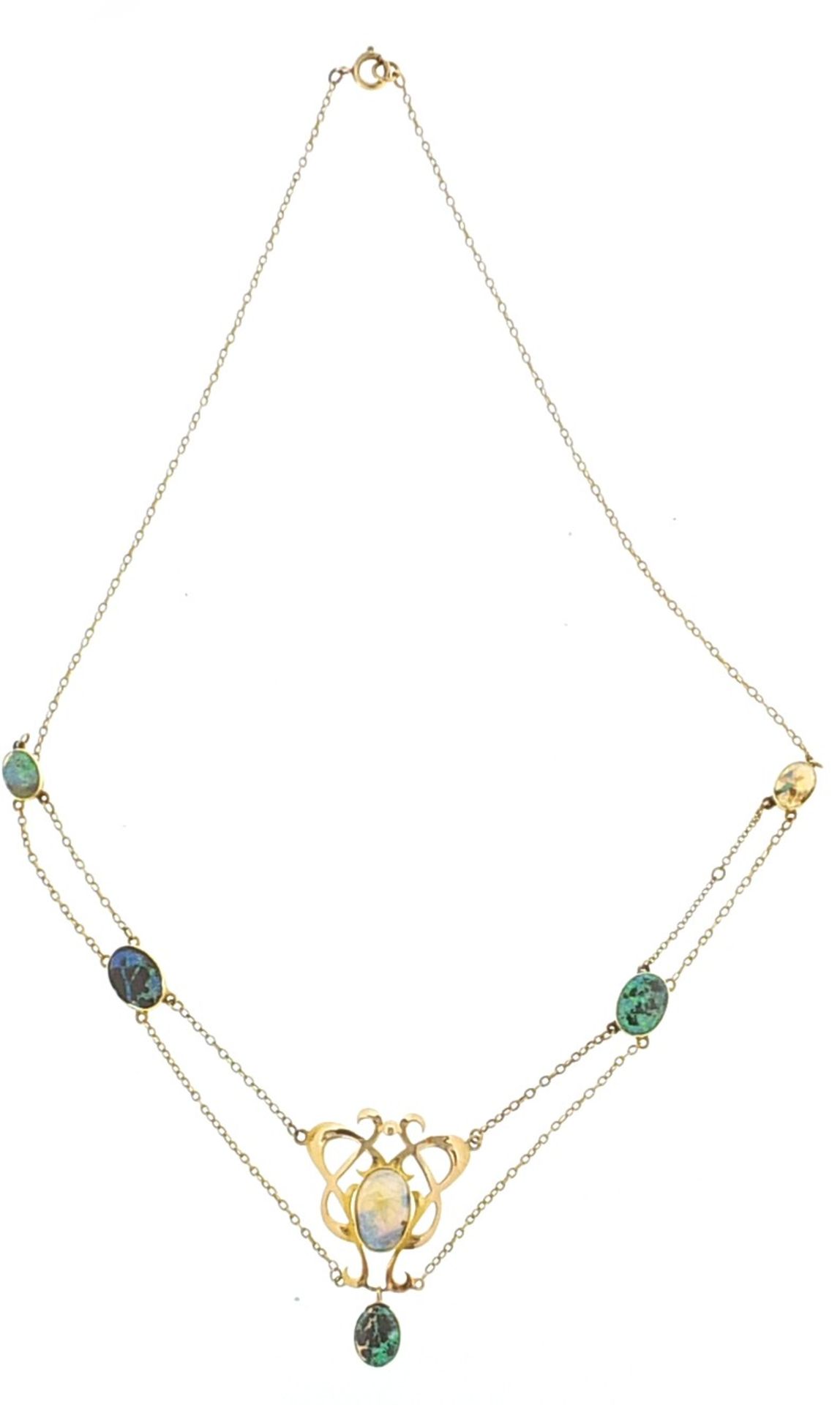 Manner of Murrle Bennett, Art Nouveau unmarked gold opal and turquoise necklace,, 4cm high and - Bild 2 aus 3