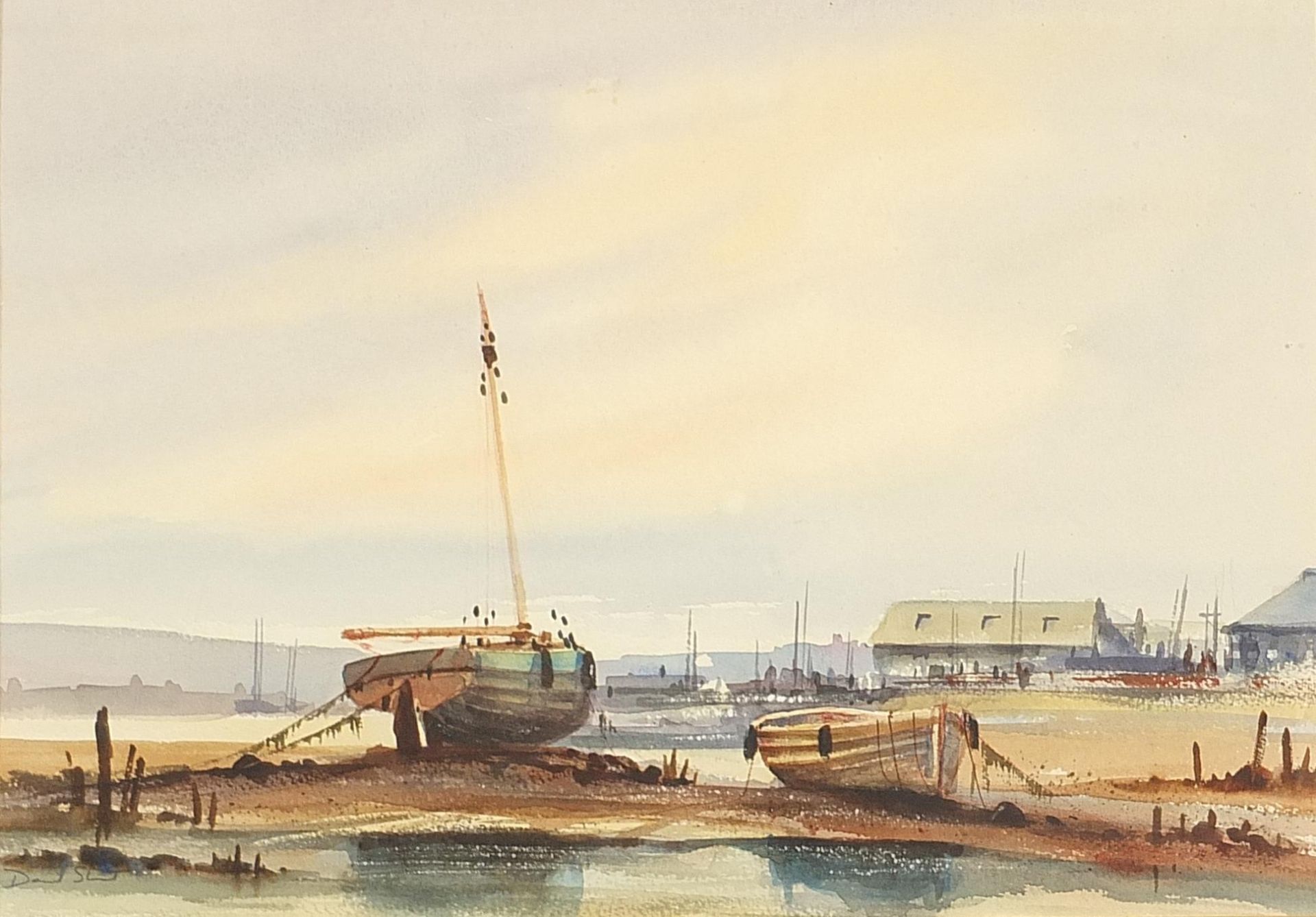David Short - Harbour scene with moored boats, watercolour, mounted, framed and glazed, 50cm x