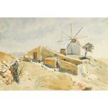 Russell Sidney Reeve - Figure before buildings and windmill, ink and watercolour, indistinctly