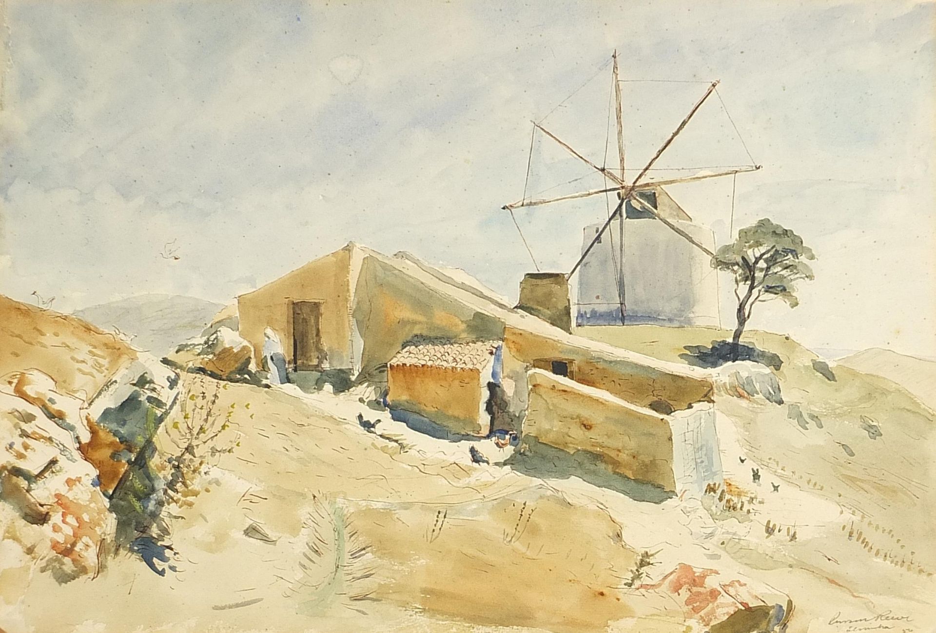 Russell Sidney Reeve - Figure before buildings and windmill, ink and watercolour, indistinctly