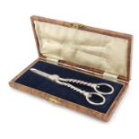 William Hutton & Sons Ltd, pair of Edwardian silver grape scissors with velvet and silk lined fitted