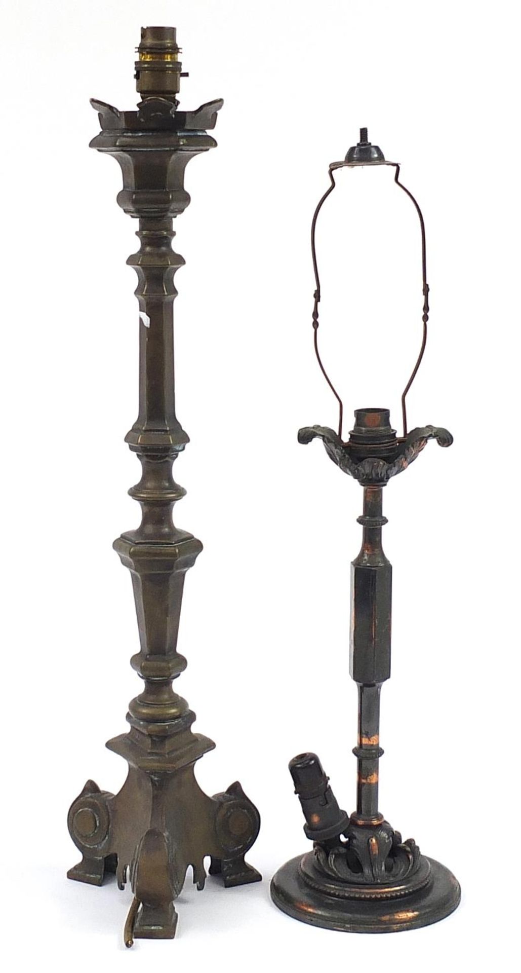 Patinated bronze candlestick converted to a table lamp and one other, the largest 61cm high - Image 2 of 3