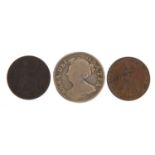 Antique British coinage comprising Queen Anne silver shilling, William III 1835 farthing and