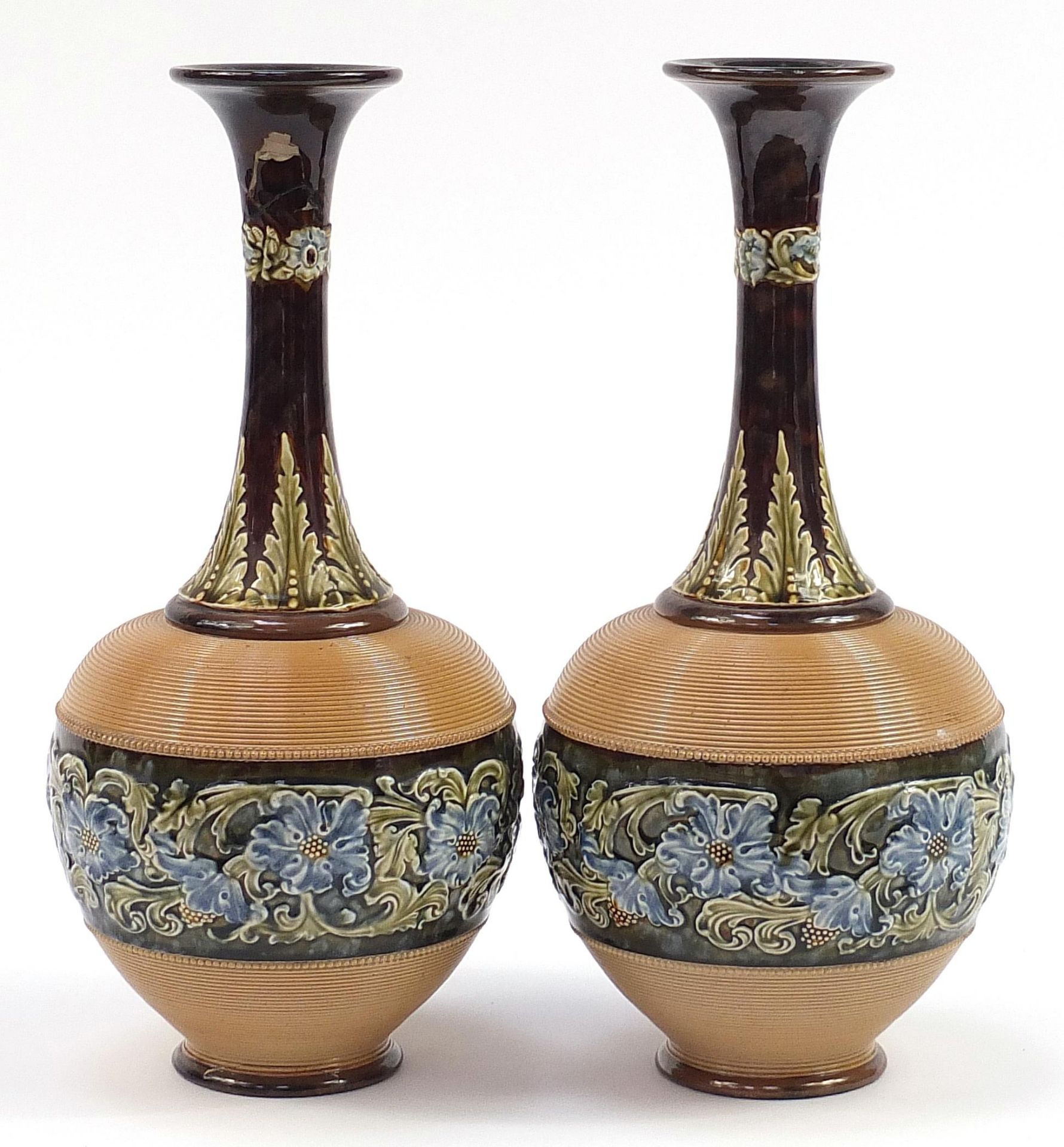 Large pair of Doulton Lambeth stoneware vases hand painted with flowers, each 40.5cm high - Image 2 of 5