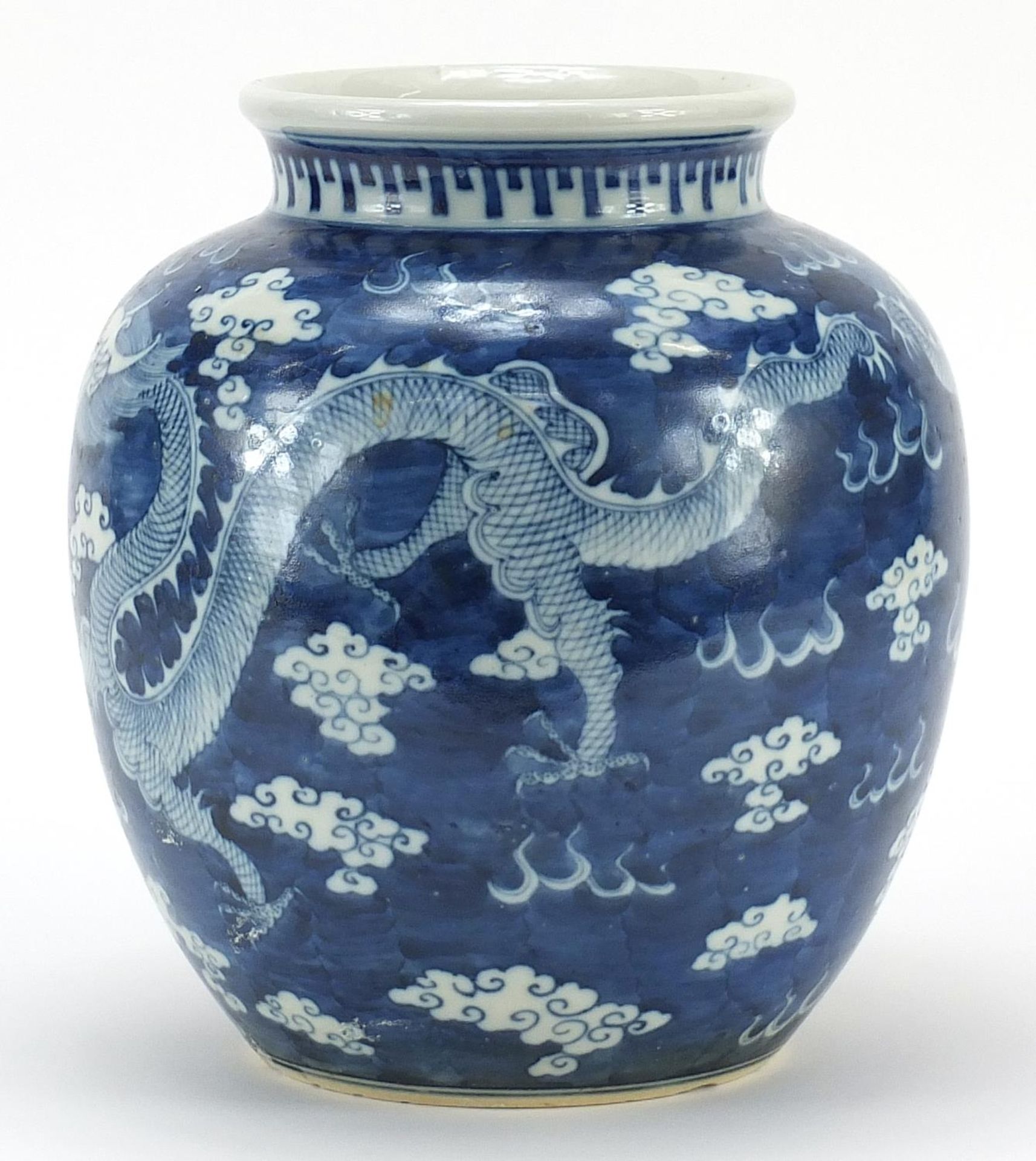 Chinese blue and white porcelain vase hand painted with dragons chasing a flaming pearl amongst - Image 2 of 4