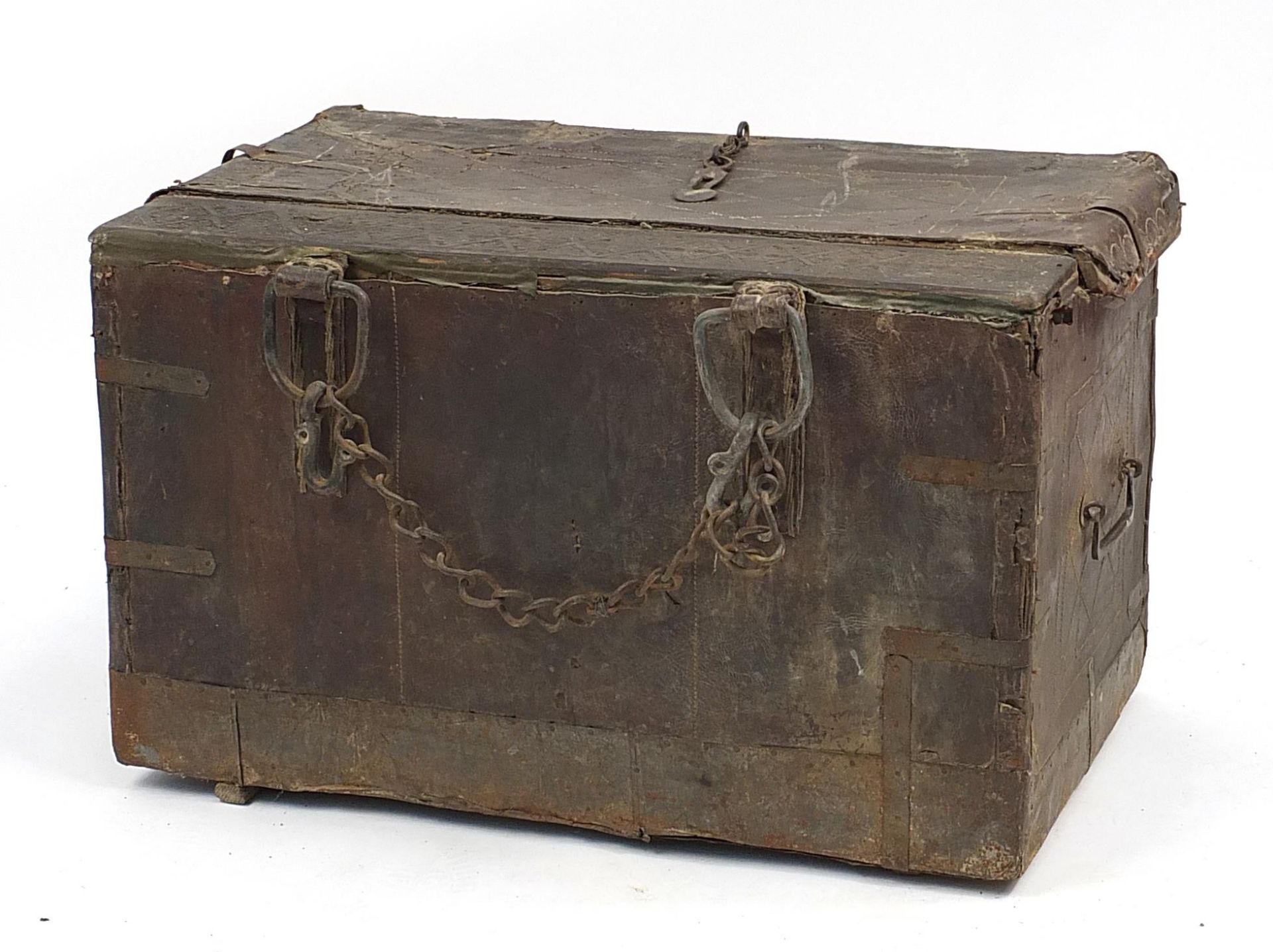 Afghan military leather trunk, 45cm H x 75cm W x 45cm D - Image 3 of 3