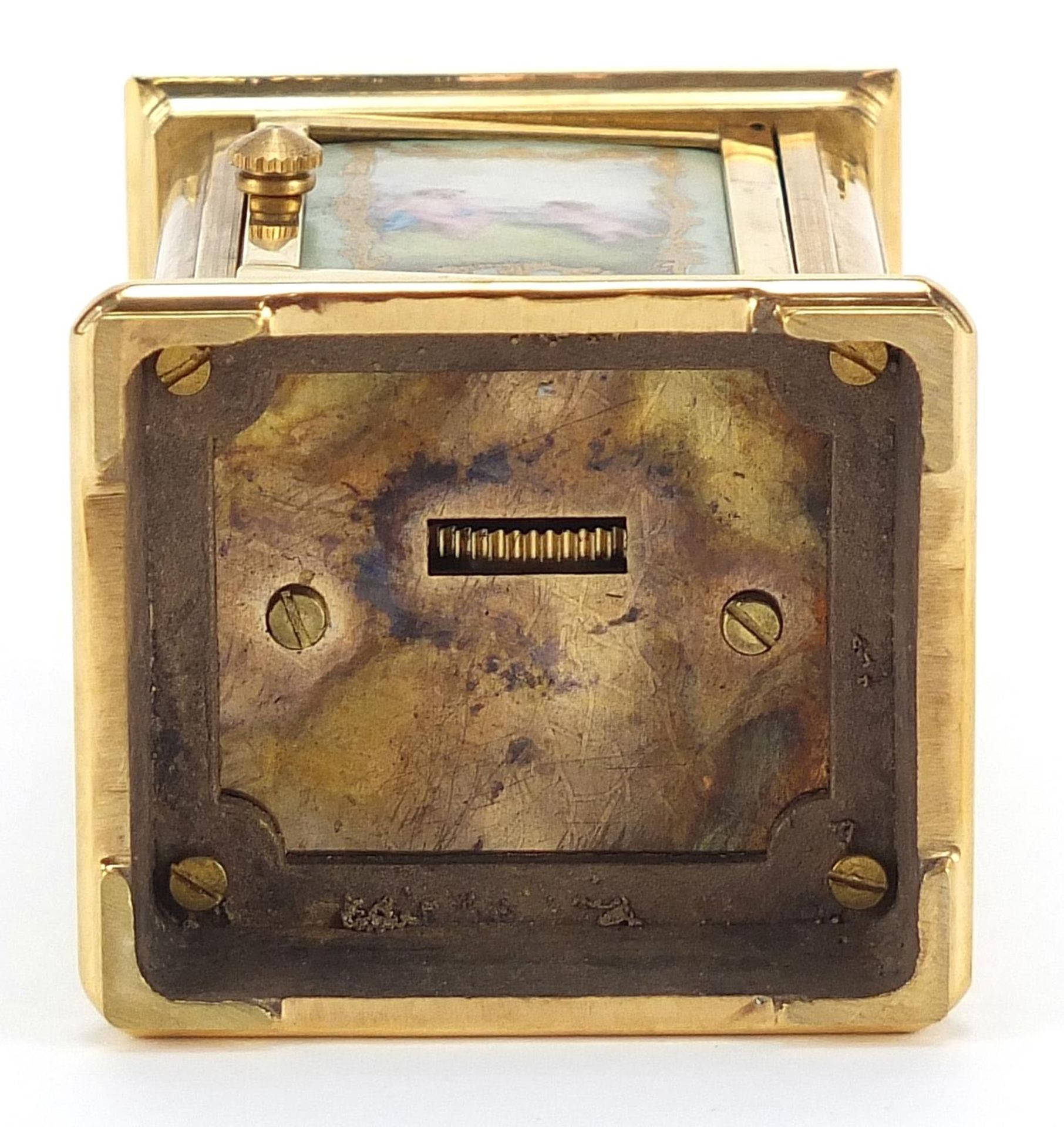 Miniature brass cased carriage clock with Sevres style panels and swing handle, 8cm high - Image 4 of 4