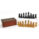 Staunton boxwood and ebony chess set with weighted bases and mahogany box, the largest pieces each