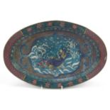 Chinese cloisonne oval platter enamelled with fish amongst water, 38cm wide