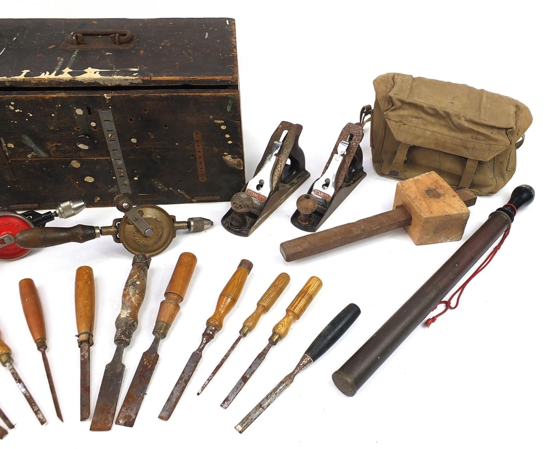 Vintage tools housed in a pine chest including chisels, wood planes and hand drills, the chest - Image 3 of 3