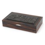 Exotic wood casket with inset bronzed plaque depicting classical figures, 4cm H x 18.5cm W x 10.