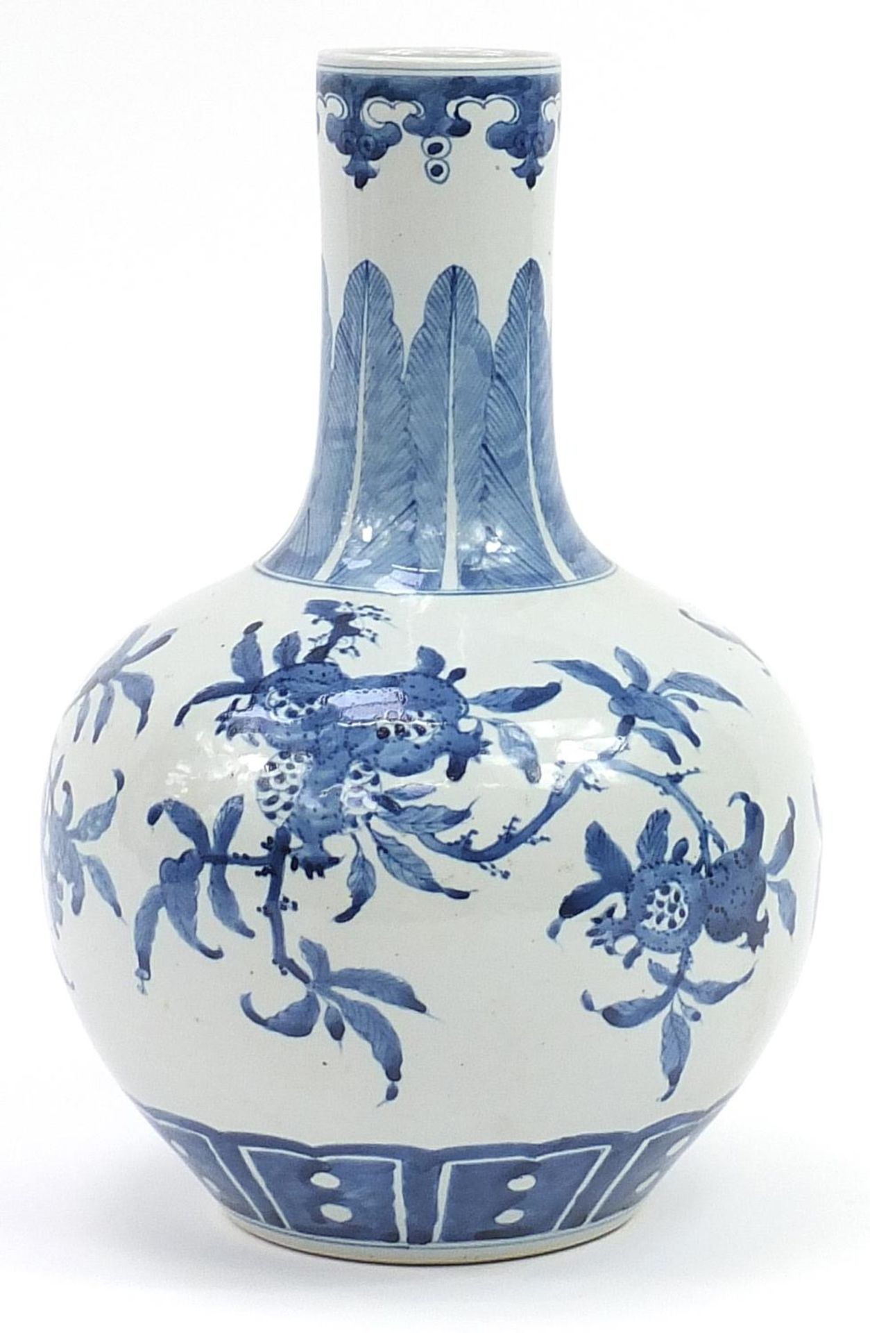 Large Chinese blue and white porcelain vase hand painted with fruit, six figure character marks to - Image 2 of 4