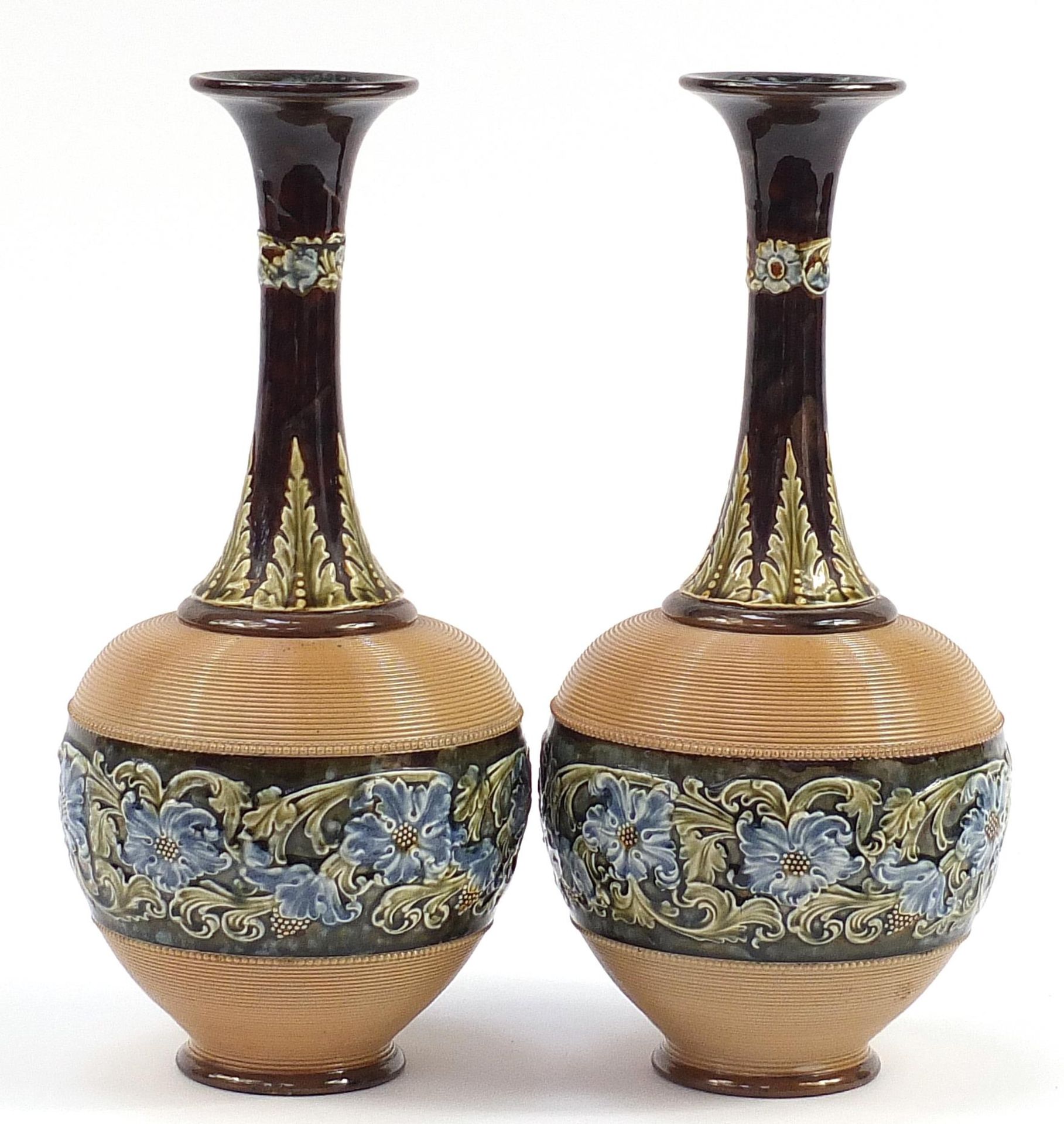 Large pair of Doulton Lambeth stoneware vases hand painted with flowers, each 40.5cm high