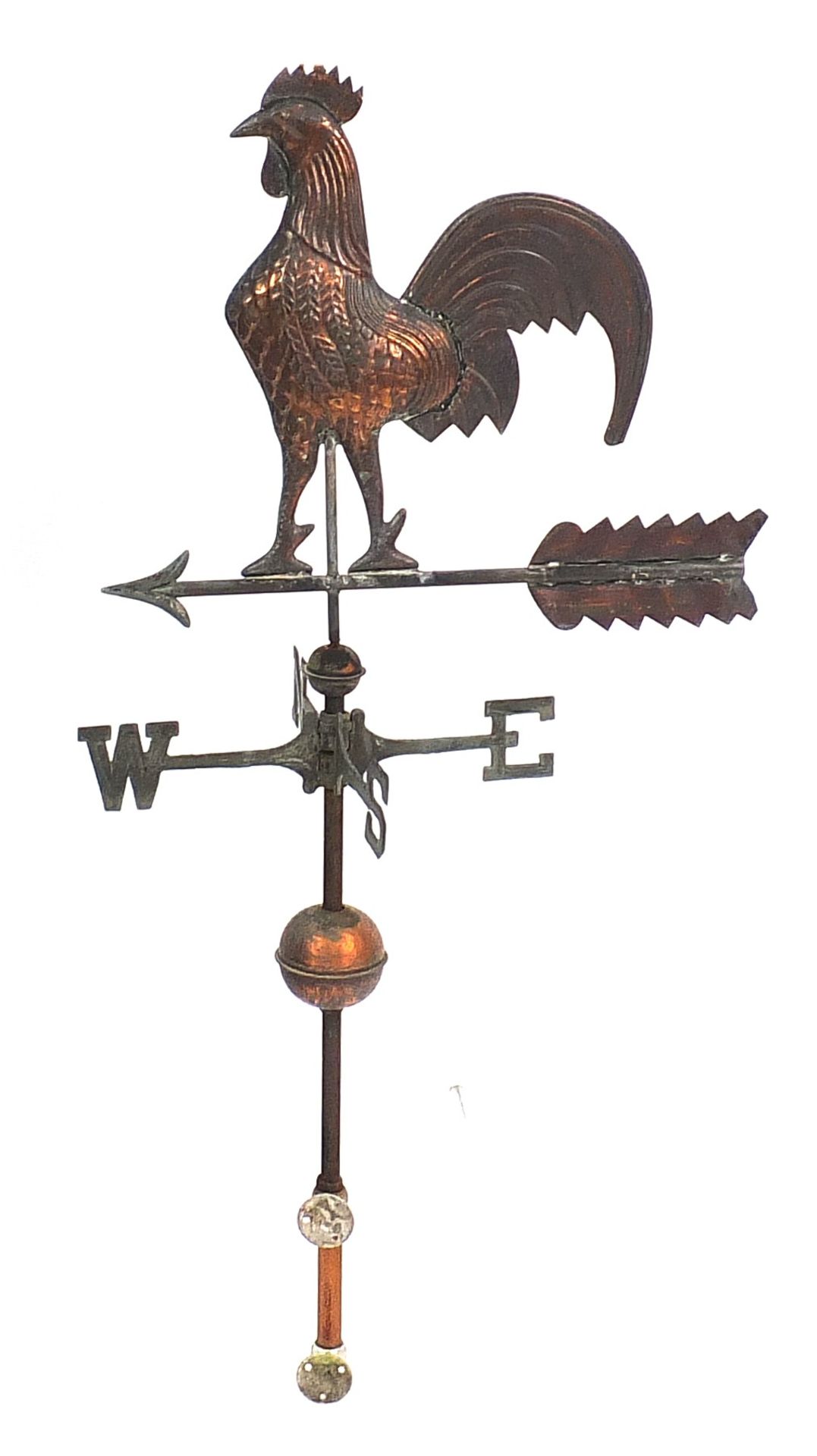 Antique copper and brass rooster weather vane, possibly American, 130cm high