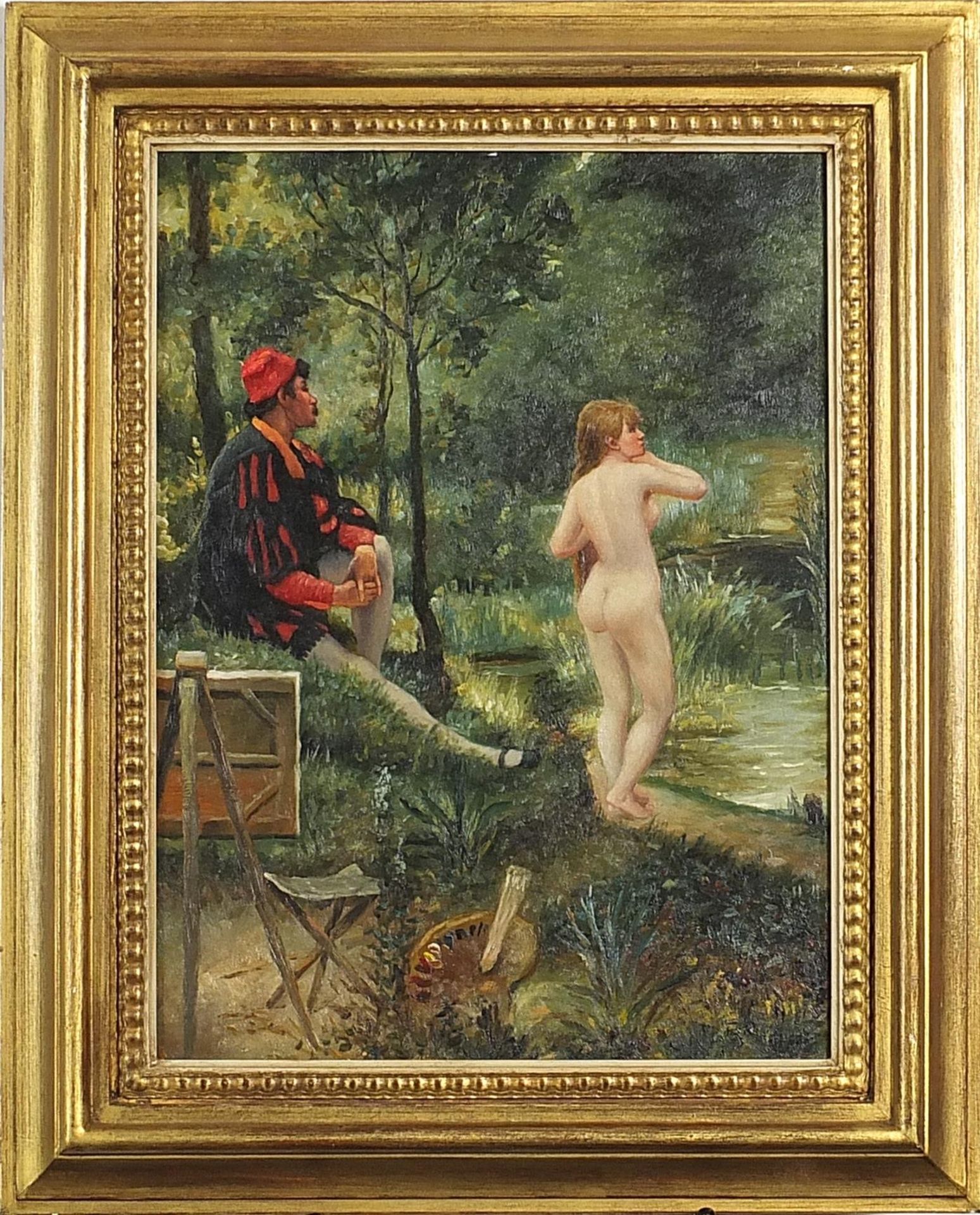 Nude female and artist before a landscape, Pre-Raphaelite style oil on wood panel, mounted and - Image 2 of 4