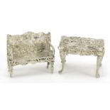 Silver doll's house bench and table embossed with Putti and figures, Birmingham and London import