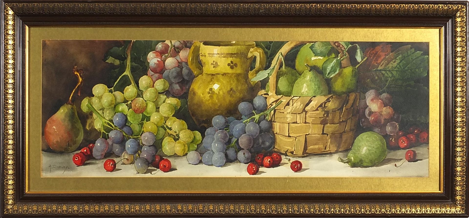Arthur Dudley - Still life fruit and vessels, 19th century watercolour, mounted, framed and - Image 2 of 4